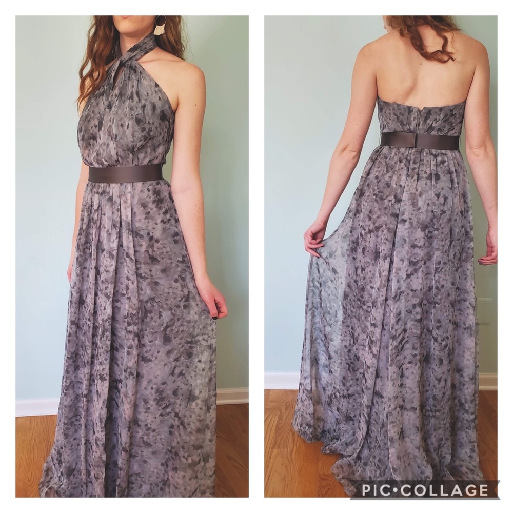 David’s Bridal Gray Floral Halter Bridesmaid Dress